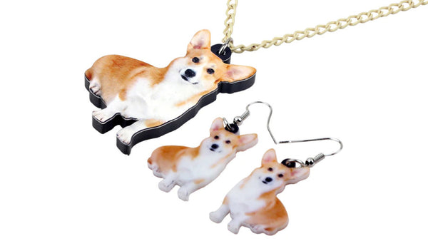 Corgi Jewelry - Pembroke Welsh Corgi Necklace- Corgi Art - Corgi Earrings - Corgi Jewelry Set- FREE Shipping