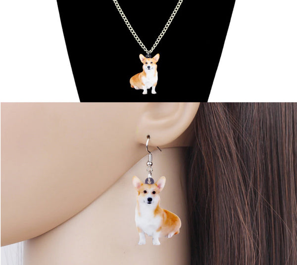 Corgi Jewelry - Pembroke Welsh Corgi Necklace- Corgi Art - Corgi Earrings - Corgi Jewelry Set- FREE Shipping