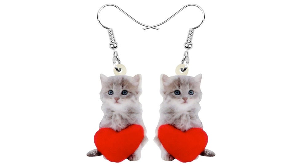 Cat with Heart Jewelry - Cat Necklace- Cat Art - Cat Earrings - Cat Jewelry FREE Shipping